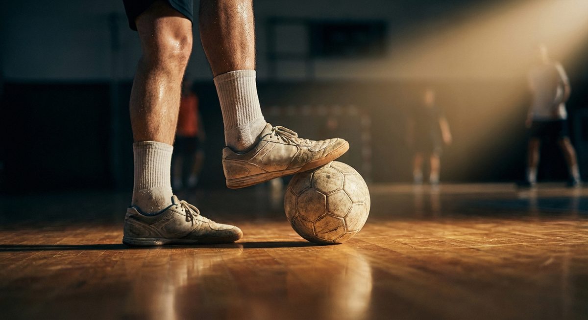 Futsalista kontrolujacy pilke podeszwa buta na parkiecie