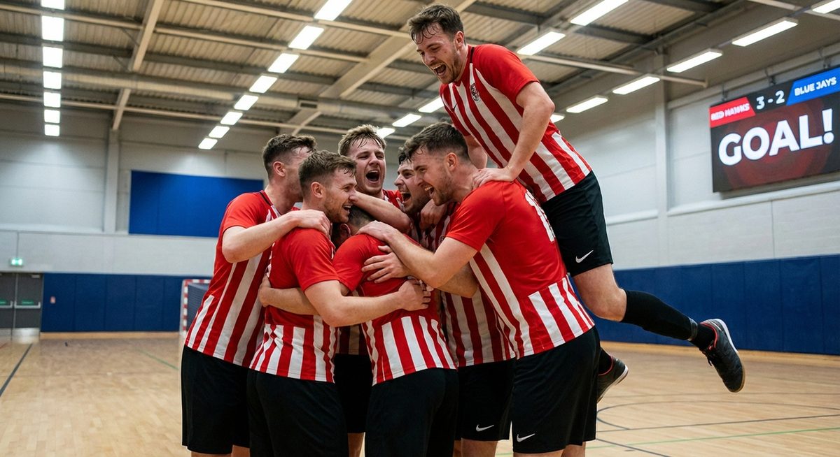 Druzyna futsalowa w czerwono-bialych strojach swietuje bramke